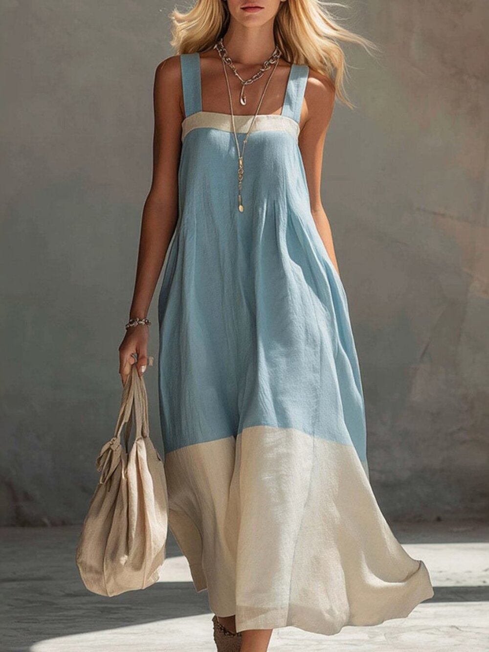 2/$45 NWT Boho Colorblock Maxi Dress L Blue Cream Sleeveless Travel L
